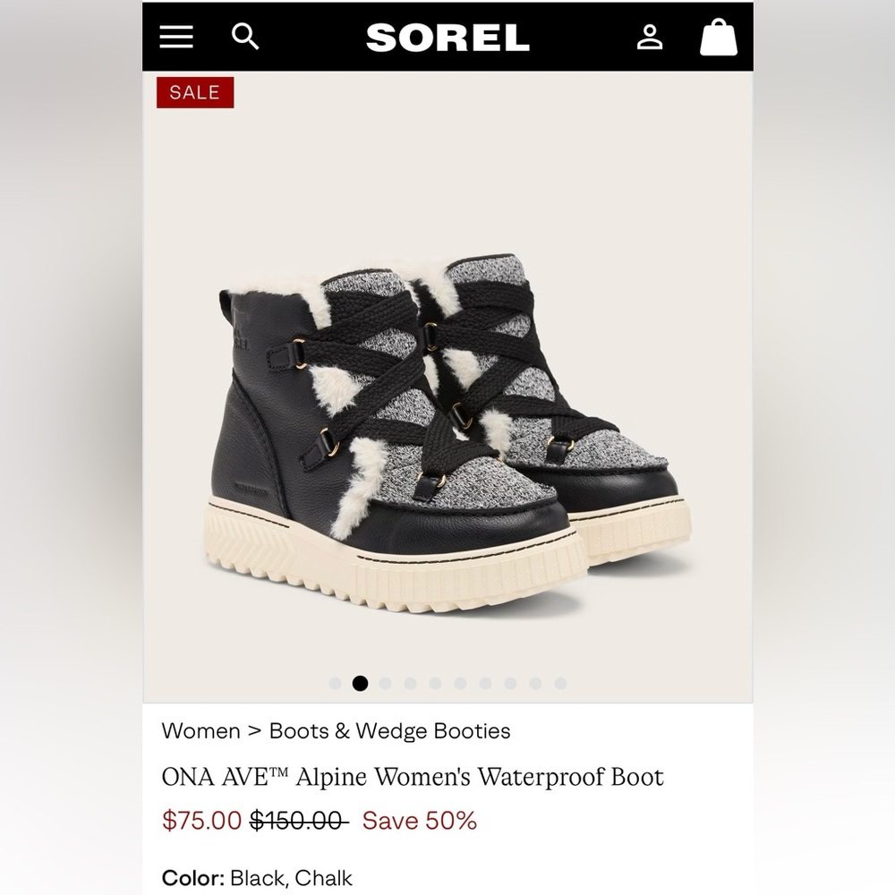 Sorel ONA AVE Alpine Waterproof Boot size 7 color: Black, Chalk